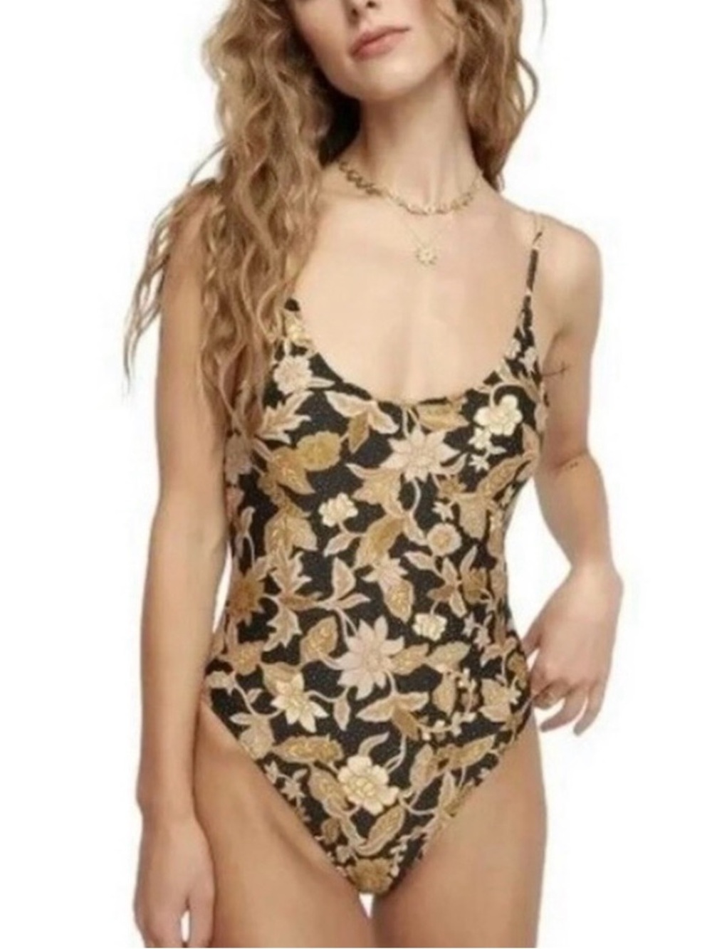 Tigerlily NWT Soraya Stevie One Piece Swimsuit Ebony Floral Boho Black Gold L